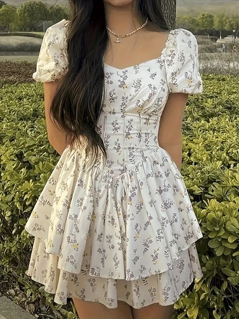 Floral Print Puff Sleeve Dress Cute Layered Ruffle Hem Dress - Temu Dress Ideas Aesthetic, Cute Sundress, Stylish Short Dresses, Coquette Y2k, Fashion Design Patterns, Modest Dresses Casual, Puff Sleeve Dress, Ruffle Hem Dress, Cute Summer Dresses