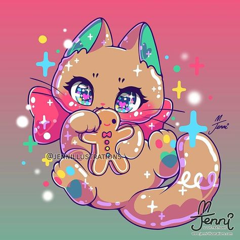 Mimi Kitty, Jenni Illustrations, Cat Gingerbread, Kawaii Cats, Cat Drawings, Cute Cat Drawing, Images Kawaii, Christmas Kitten, Cute Kawaii Animals