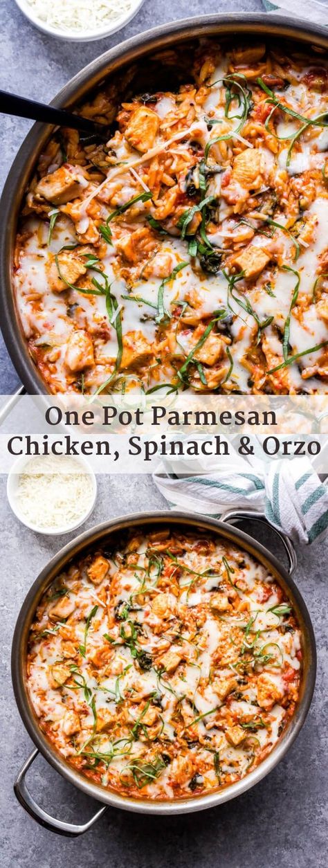 One Pot Parmesan Chicken, Spinach and Orzo has all the flavors of chicken parmesan, but without all the dishes! This easy weeknight meal is sure to please the whole family! #onepot #easyrecipe #30minutemeal #chickenparmesan #orzo #pasta #chicken #italianfood 1 Pot Meals, Spinach And Orzo, Recipe Runner, Spinach Orzo, Spiral Noodles, Orzo Recipe, Pastas Recipes, Pasta Chicken, Orzo Recipes