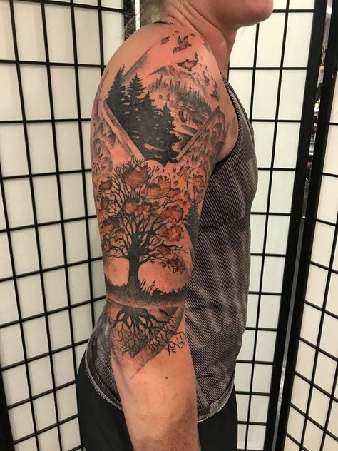 Flaming Autumn Maple and Stippled Forrest by JohnnyJinx at Broken Clover Tattoo and Social Club Tucson AZ Travel Tattoo Ideas, Modern Art Tattoos, Clover Tattoo, Autumn Tattoo, Clover Tattoos, Art Design Ideas, Autumn Sleeve, R Tattoo, Tattoo Sleeve