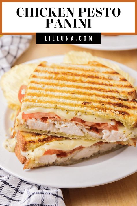 Crispy Chicken Pesto Panini is an Italian flavored sandwich filled with bacon, tomato and gooey mozzarella. It is grilled to perfection! #chickenpanini #panini #sandwich #pesto #pestopanini Best Panini Recipes, Chicken Panini Sandwiches, Chicken Pesto Panini, Awesome Sandwiches, Pesto Panini, Meat Sandwiches, Panini Recipes Chicken, Chicken Pesto Sandwich, Loose Meat