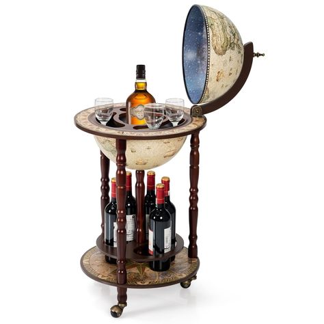 PRICES MAY VARY. 🍷【Excellent Craft & Large Storage Space】The whole frame is made of solid wood+plastic, and it touches very smooth. 4 thick hemp flowers solid hardwood legs, bows up and down, the structure is more stable. Height 34.5 inches, globe diameter 17.5 inches. The wooden globe opens to reveal a large bar with plenty of room for wine, spirits, beverage and stemware. 🍷【Movable Globe with Wheels】Made of Solid wood (eucalyptus), which makes the 16th century Italian Replica wine stand cart Liquor Bottle Storage, Wine Bar Cart, Globe Bar, Interior Murals, Wine Stand, Liquor Bottle, Bottle Storage, Bottle Rack, Modern Bar Stools