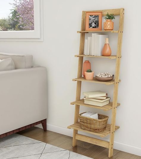 Bookshelf For Bedroom, Decorate Bathroom, Leaning Bookshelf, Leaning Shelf, Narrow Bookshelf, Wood Storage Shelves, Office Shelving, Ladder Bookshelf, Small Bookshelf