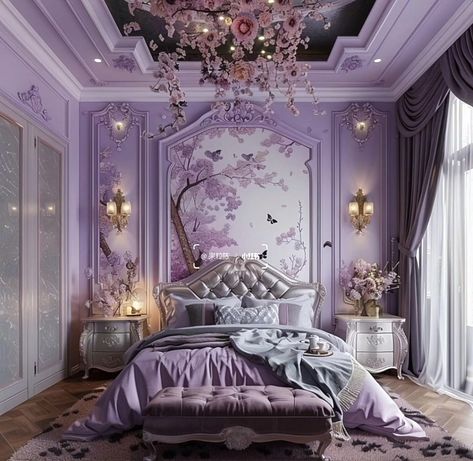 Purple Royal Bedroom, Royal Palace Aesthetic, Campo Aesthetic, Palace Aesthetic, Fantasy Interior, Paneling Ideas, Bedroom Purple, Dream Bedroom Inspiration, Medieval Aesthetic