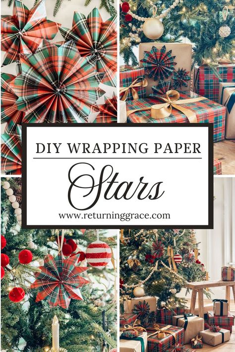 Wrapping Paper Stars Diy, Decorating With Wrapping Paper, Wrapping Paper Ornaments Diy, Scrap Wrapping Paper Ideas, Wrapping Paper Ornaments, Diy Christmas Star Topper, Paper Star Tree Topper, Wrapping Paper Decorations, Wrapping Paper Stars