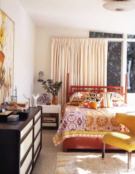 Trina Turk's joyful designs evoke a world of sunshine and whimsy. In this interview on the Aesthetics of Joy, she gives us a peek into her colorful, creative life. Image from Trina Turk, published by Chronicle Chroma 2020. Bed Under Window, Orange Bedspread, Mid Century Modern Bed, Room Photo, Remodel Bedroom, Celebrity Houses, Bed Styling, Beautiful Bedrooms, Bed Room