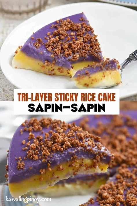 Sapin Sapin Recipe, Filipino Sticky Rice, Kalamay Recipe, Exotic Desserts, Filipino Dessert Recipes, Sticky Rice Cake, Pinoy Dessert, Filipino Food Dessert, Rice Desserts