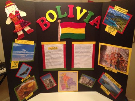 International Fair at School Bolivia Project Heritage School Project, Hispanic Heritage Projects, Spanish Heritage Month, El Salvador Art, Heritage School, Spanish Classroom Decor, Spanish Projects, High School Project, World Thinking Day