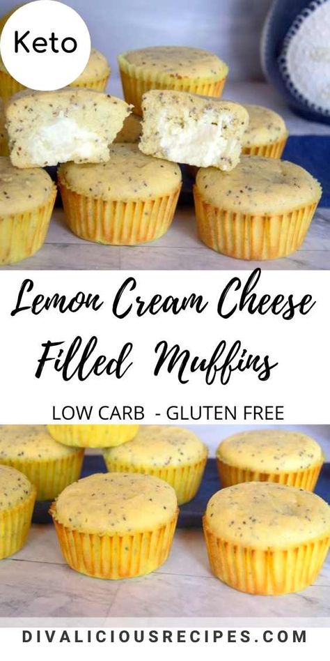 A lemon and chia seed muffin with a creamy cream cheese filling.  Baked with almond flour these lemon muffins are low carb and gluten free.   #ketomuffin #lowcarbmuffin #muffins #chiaseeds #lowcarbdesserts #glutenfree Keto Lemon Muffins Almond Flour, Keto Lemon Cream Cheese Muffins, Easy Keto Muffins Almond Flour, Keto Cream Cheese Muffins, Low Carb Muffins With Almond Flour, Keto Muffins Almond Flour, Keto Lemon Muffins, Muffins With Cream Cheese Filling, Low Carb Muffin