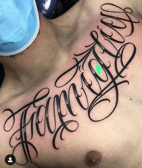 Name Across Chest Tattoo, Chest Tattoo Writing, Vitruvian Man Tattoo, Chest Tattoo Fonts, Chest Tattoo Lettering, Word Tattoo Designs, Aurora Tattoo, Last Name Tattoos, Tatuagem Masculina Pequena