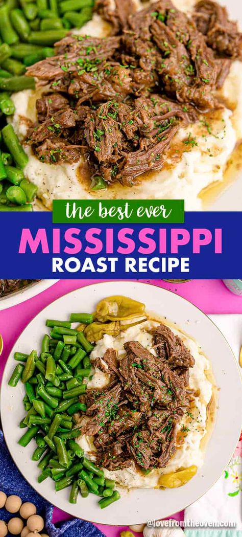 Mississippi Pot Roast • Love From The Oven Mississippi Pot Roast Crockpot, Pot Roast Crockpot, Roast Crockpot, Mississippi Roast Recipe, Oven Pot Roast, Crockpot Roast Recipes, Pot Roast Crock Pot Recipes, Love From The Oven, Mississippi Roast