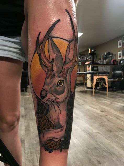 #neotraditional #tattoo #shintattoo #jackalope Jackalope Tattoo Neotraditional, Jackalope Tattoo, Desert Tattoo, Shin Tattoo, Neo Traditional, Body Mods, Tattoos