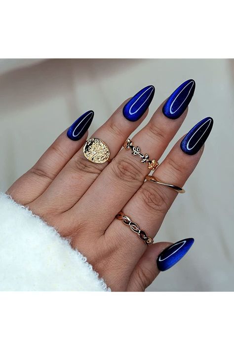 10 Pcs Handmade Press on Nails ( Small, Blue Cat Eye /Navy Moon Stone on Black /Almond) A011S Blue Cat Eye, White Liquid, Blue Cat, Blue Cats, Black Stone, Moon Stone, Fashion Nails, Press On Nails, Cat Eye