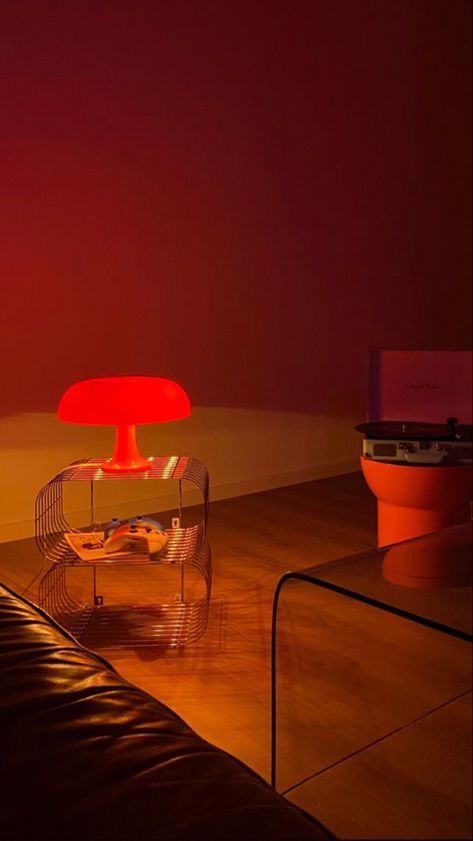 Soft Ambient Lighting, Nessino Lamp, Electric Decor, Living Room Decor Orange, Retro Living Room Decor, Mid Century Modern Lamp, Orange Lamps, Mushroom Table Lamp, Retro Bedrooms