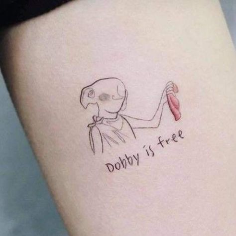 Elf Tattoo, Harry Potter Tattoo Sleeve, Pop Culture Tattoos, Line Drawing Tattoos, Balance Tattoo, Culture Tattoos, Free Dobby, Phrase Tattoos, Yin Yang Tattoos