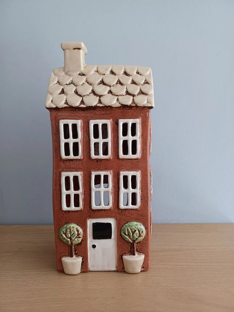 Village Pottery Houses, Ceramic House Candle Holder, Ceramic Houses Pottery, Ceramic Tea Light Holders, Ceramic Village, House Candle Holder, House Ceramic, Brick Garden, Ceramics Inspiration