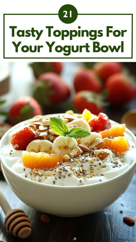 A bowl of yogurt topped with fresh fruits, nuts, honey, and seeds for a healthy and delicious meal. Yogurt Toppings Healthy, Fruit And Yogurt Bowl, Healthy Yogurt Breakfast, Yogurt Bowls, Low Calorie Fruits, Yogurt Toppings, Yogurt Breakfast, Breakfast Restaurants, A Healthy Breakfast