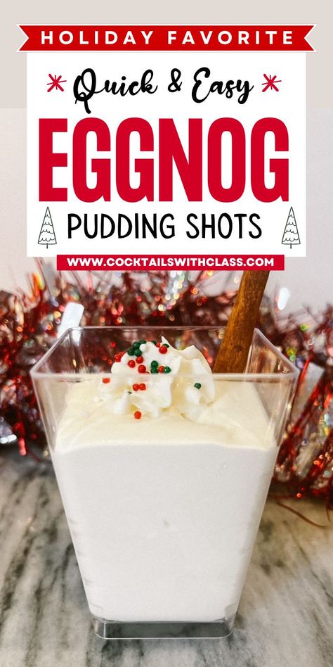 eggnog pudding shots Pudding Shots Christmas, Eggnog Shots, Holiday Pudding Shots, Eggnog Recipe With Alcohol, Christmas Pudding Shots, Eggnog Pudding Shots, Egg Nog Cocktail, Thanksgiving Pudding, Eggnog Martini Recipe