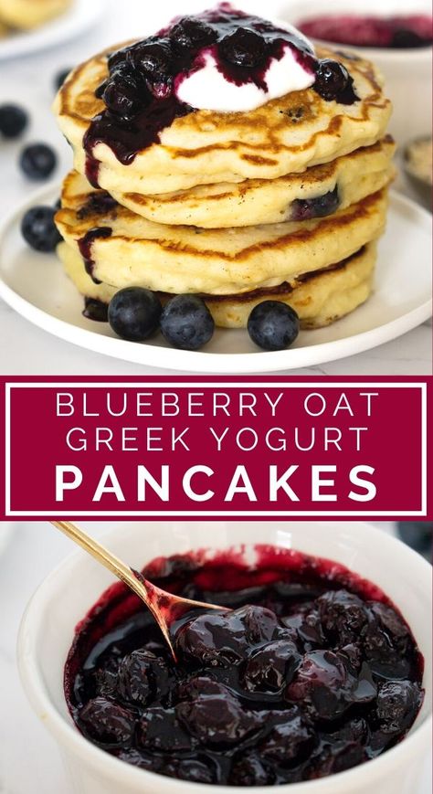 Blueberry Oat Yogurt Pancakes - the BEST healthy pancake recipe! These high protein pancakes with Greek yogurt are light and fluffy and so tasty. The blueberry sauce is super easy to make and SO GOOD. These healthy oat pancakes are our FAVORITE pancake recipe at home - we make it every weekend. If you're looking for healthier pancake recipes, oat pancake recipes, Greek yogurt pancake recipes, blueberry pancake recipes, and healthy breakfast ideas, give this oatmeal pancake recipe a try! Yogurt Pancake Recipe, Pancake Recipe Homemade, Oatmeal Yogurt Pancakes, Pancake Recipe Healthy, Pancakes Yogurt, Greek Yogurt Pancakes Recipe, Blueberry Oatmeal Pancakes, Healthy Blueberry Pancakes, Oatmeal Protein Pancakes