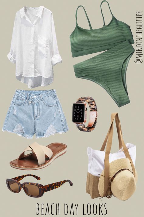 Green bikini, Apple Watch, beach bag, sunglasses, white linen top Casual Beach Vacation Outfits Jean Shorts, Florida Resort Outfits, Beach Day Outfit Aesthetic, Beach Mom Outfit, Mom Beach Outfit, Mom Beach Vacation Outfits, Vacation Day Outfits, Green Beach Outfit, Beach Brunch Outfit