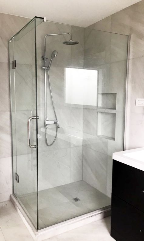 Square corner shower supplied and installed by Sharpeye Ltd. Customized based on your demand. Small Corner Tile Shower Ideas, Square Corner Shower Ideas, Square Shower Ideas, Glass Corner Shower, Glass Roofing, Shower Step, Glass Shower Wall, Shower Cabinets, Canopy Glass