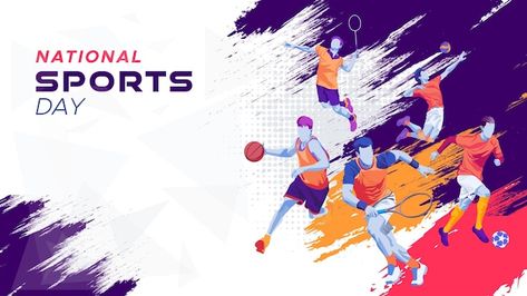 Banner template for national sports day ... | Premium Vector #Freepik #vector #india #holiday #sport #soccer Sports Background Landscape, Sports Day Banner Design, Sports Day Banner, Volleyball Background, Volleyball Backgrounds, Sports Slogans, National Sports Day, Sports Banner, Banner Design Layout