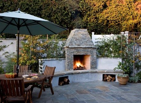 Outside Fireplace, Fire Pit Landscaping, Outdoor Kitchen Decor, Bbq Ideas, Backyard Fireplace, Patio Fireplace, Backyard Spaces, Patio Stones, Outdoor Kitchen Design