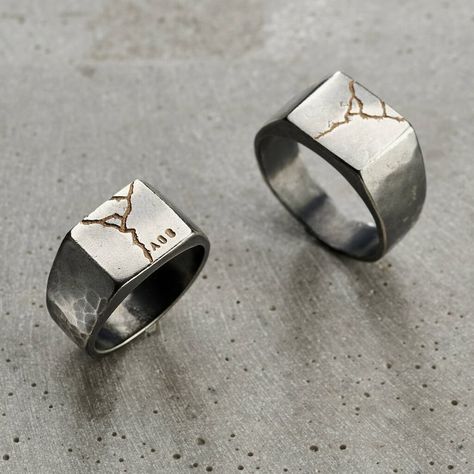 Sterling Silver Rings Men, Kintsugi Ring, Posh Totty, Handmade Gifts For Men, Summer Jewellery, Mens Jewellery, Edgy Jewelry, Wax Carving, Signet Ring Men