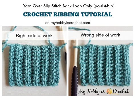 (Faux Knit) Crochet Ribbing Tutorial - Yarn Over Slip Stitch Back Loops Only (yo-slst-blo) Knitting Ribbing, Crochet Ribbing Tutorial, Crochet Ribbing, Sweater Tutorial, Ribbed Crochet, Side Stitch, Beginner Crochet, Crochet Blog, Crochet Stitches Tutorial