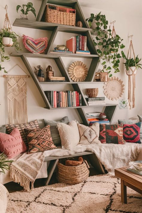 Create a free-spirited ambiance with flowing wooden shelves arranged in unique patterns. Fill them with boho textiles and eclectic decor for a stylish touch. #BohoDecor #EclecticStyle #WoodenShelves #BohemianVibes #FreeSpiritedDesign #ShelfStyling #UniqueHomeDecor #InteriorInspo #BohoChic #CreativeSpaces Apartment Decorating On A Budget Boho, Boho Plant Shelf, Boho Wall Shelves, Boho Library Room, Bohemian Bookshelf, Boho Library, Boho Bookshelf, Boho Shelves, Boho Shelf Decor