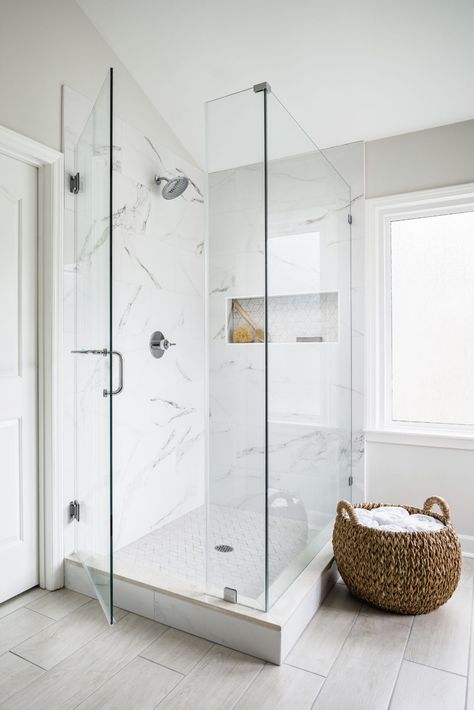 Tile For Small Bathroom, Glass Corner Shower, Large Shower Tile, White Shower Tile, Marble Shower Walls, What Is Interior Design, Small Bathroom Tiles, Shower Tile Ideas, Marble Showers