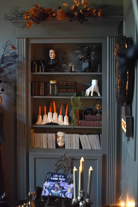 Explore Reby Hardy & Gothic Baby’s Victorian Maximalist Home | Apartment Therapy Royal Baby Rooms, Gothic Baby Nursery, Reby Hardy, Gothic Bookshelves, Painted Bookshelf, Maximalist Bedrooms, Maximalist House, Moody Maximalist, Gothic Nursery