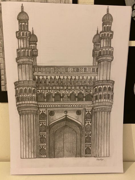 Graphite pencil drawing of Charminar in India Taj Mahal Drawing, Muslim Architecture, Architecture Drawing Sketchbooks, Drawing Architecture, Flower Drawing Tutorials, Hand Lettering Art, Architecture Drawing Art, Architecture Painting, Graphite Drawings