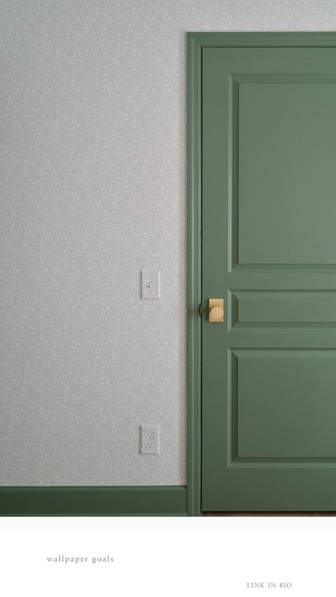 Door Design Color Paint, Green Door Bedroom, Green Trim And Doors Interior, Green Trim And Doors, Green Indoor Doors, Green Trim Bedroom, Sage Green Trim Interior, Green Baseboards And Trim, Green Doors And Trim