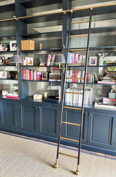 Bespoke Patinated Brass Bookcase Library Ladder and Rails - Andrew Nebbett Designs Brass Bookcase, Diy Library Ladder, Library With Ladder, Bookcase Library, Library Ladders, Bookcase Ladder, Wall Ladder, Royal Crescent, Bookcase Lighting