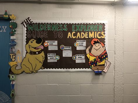 wilderness explorers guide to academic success, up bulletin board, college, academics College Themed Bulletin Boards, Up Door Decs, Up Theme Bulletin Board, Up Movie Bulletin Board Ideas, Up Bulletin Board Ideas Disney, Ra Academic Bulletin Boards, Up Movie Classroom Theme, Academic Success Bulletin Board, Disney Themed Bulletin Boards