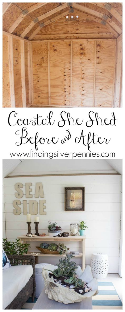 A She Shed with Home Depot: Inspiration - Finding Silver Pennies Coastal She Shed, Shed Conversion Ideas, She Shed Interior, Shed Office, Shed Interior, Woman Cave, Shed Homes, She Sheds, Shed Design