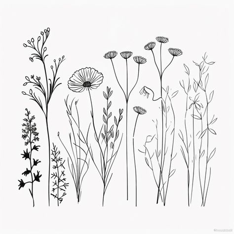 Premium Photo | A drawing of a bunch of flowers that are on a white surface generative ai Meadow Flowers Drawing, Meadow Tattoo, Wildflower Outline, Garden Sketch, Illustration Plants, Rose Line Art, Wildflower Drawing, Free Stencils Printables, Periwinkle Flowers