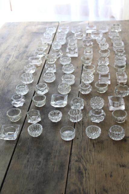 70 antique and vintage pressed pattern glass salt cellars, salts dips dishes Salt Cellar Pin Cushion, Vintage Salt Cellars, Layered Table, Antique Napkin Rings, Crystal Glassware Antiques, Diy Pin Cushion, Milk Glass Decor, Diy Quilting, Vintage Glassware Antiques