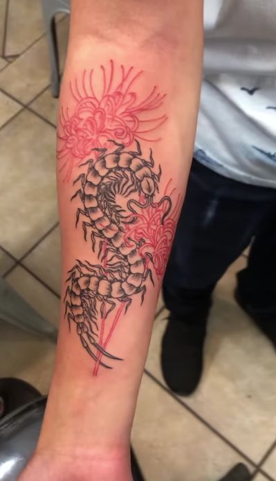 Tokyo Ghoul Tattoo Spider Lily, Villain Arc Tattoo, Spider Lily Sleeve Tattoo, Red Spider Lily And Centipede Tattoo, Centipede Flower Tattoo, Tokyo Ghoul Stitches Tattoo, Spider Lily Centipede Tattoo, Centipede Tattoo Design Tokyo Ghoul, Centepide Tattoo Drawing