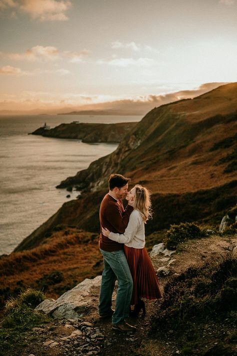 Howth Cliffs engagement Session Ireland elopement photographer. Irish elopements. Irish couples shoots. Ireland engagement shoots. #ireland #northernireland #engagement #adventure #adventuresession Irish Aesthetic, Ireland Elopement, Ireland Honeymoon, Save The Date Pictures, Ireland Aesthetic, Fall Engagement Shoots, Engagement Shoot Outfit, Ireland Photography, Irish Countryside