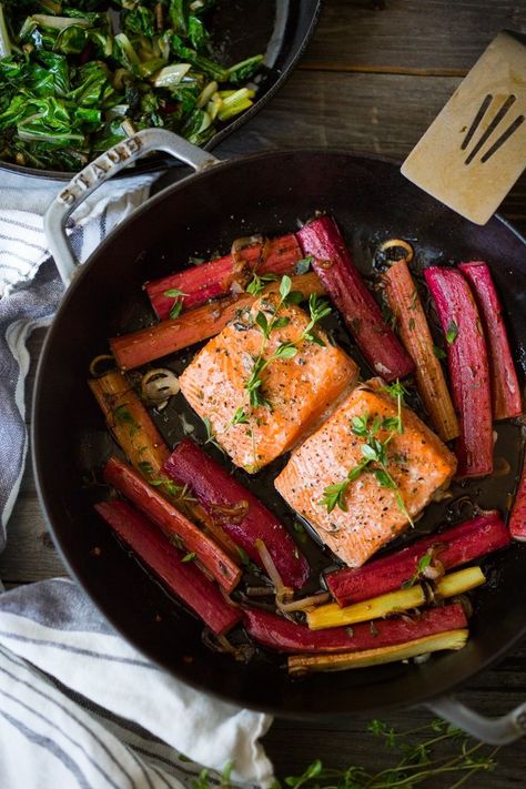 Roasted Salmon with Rhubarb and Chard- a quick healthy meal that can be made in 30 minutes. |www.feastingathome.com Roasted Rhubarb Recipes, Rhubarb Savory Recipes, Rhubarb Savory, Savory Rhubarb Recipes, Refreshing Spring Recipes, Healthy Spring Recipes, Feasting At Home, Roasted Rhubarb, Spring Pasta