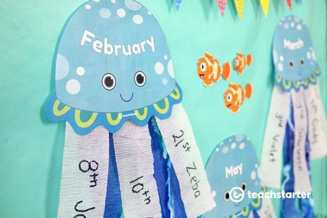 Sea Jelly or Jellyfish Themed Birthday Display Birthday Chart Classroom, Birthday Display In Classroom, Birthday Bulletin Board, Birthday Board Classroom, Birthday Chart, Ocean Classroom, Classroom Window, Ocean Theme Classroom, Birthday Bulletin Boards