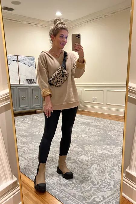 Tan Sweatshirt Outfit, Belt Bag Outfit, Boots Target, Target Boots, Leopard Belt, Tan Belt, Comfy Casual Outfits, Target Style, Sweatshirt Outfit