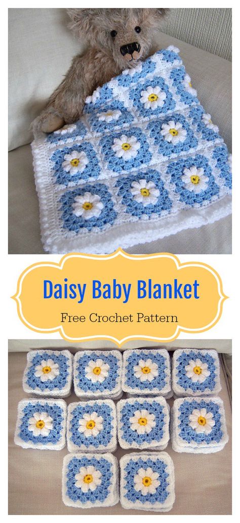 Crocheted Baby Blankets, Baby Blanket Free Crochet Pattern, Crochet Square Pattern, Daisy Granny Square, Granny Square Baby Blanket, Crochet For Beginners Blanket, Crochet Granny Square Blanket, Crochet Daisy, Haken Baby