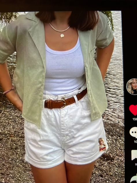 Green And White Summer Outfits, Sage Aesthetic Outfit, Sage Green Summer Outfits, Sage Green Button Up Outfit, Green Summer Outfit Aesthetic, Sage Green And White Outfit, Sage Green Shirt Outfits, Light Green Outfit Aesthetic, Light Green Shorts Outfit