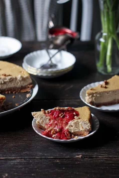 maple mascarpone pecan cheesecake + a strawberry compote Mascarpone Cheesecake, Cheesecake Strawberry, Pecan Cheesecake, Strawberry Compote, Cheesecake Pie, Maple Pecan, Strawberry Cheesecake, In The Beginning, Easy Cake