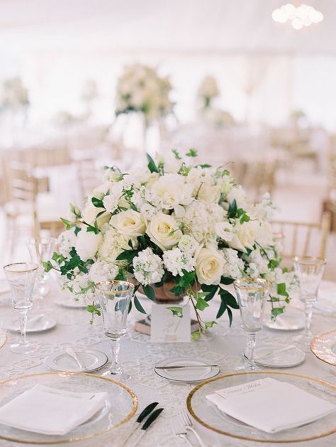 Footed vase with flower arrangement Cheap Wedding Table Centerpieces, Unique Wedding Flowers, Wedding Floral Centerpieces, Neutral Wedding, Flower Centerpieces Wedding, Carolina Wedding, North Carolina Wedding, Southern Weddings, Wedding Table Settings