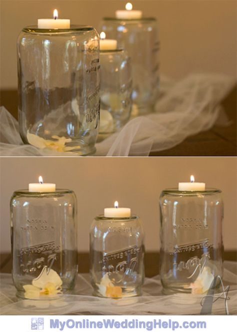 Easy DIY mason jar centerpiece with candles. Turn jar upside down over a single bloom and top with tea light. Tulle or other material underneath makes it more interesting. Diy Wedding Jars, Candle Mason Jar Centerpieces, Jar Filler Ideas, Mason Jar Breakfast, Tea Lights Centerpieces, Jar Decorations, Lace Candles, Wedding Centerpieces Mason Jars, Ideas For Weddings