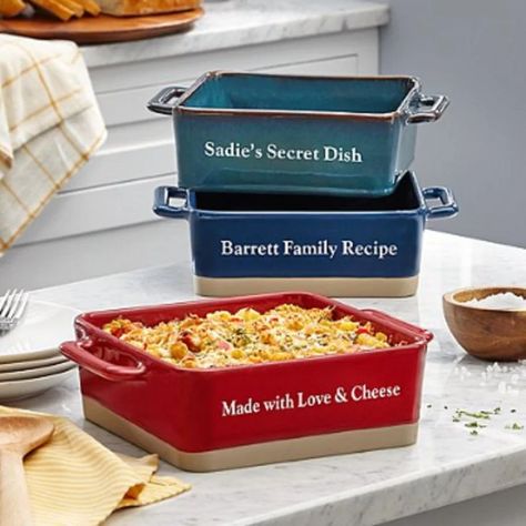 This restaurant-quality stoneware dish is perfect for the serious home cook. Include a message just for them (and maybe a hint to start baking!). •Made of stoneware with beautiful braised bottom •Dishwasher, freezer, oven, and microwave safe •Measures 3.5″Hx8″ sq.; holds 2 qt. •Available in navy blue, red, and teal; teal has iridescent glaze and edging •Personalize with any 1 line message up to 25 characters •Item cannot be gift-boxed Personalized Stoneware Square Baker, Customized Baking Dish Personalized Kitchen Gifts, Stoneware Dishes, Personalized Kitchen, Gifts For Veterans, Red And Teal, Kitchen Cookware, Kitchen Dishes, Kitchen Gifts, Baking Dish